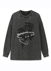 Casual Dark Grey O-Neck Rose Print Warm Fleece Pullover Long Sleeve