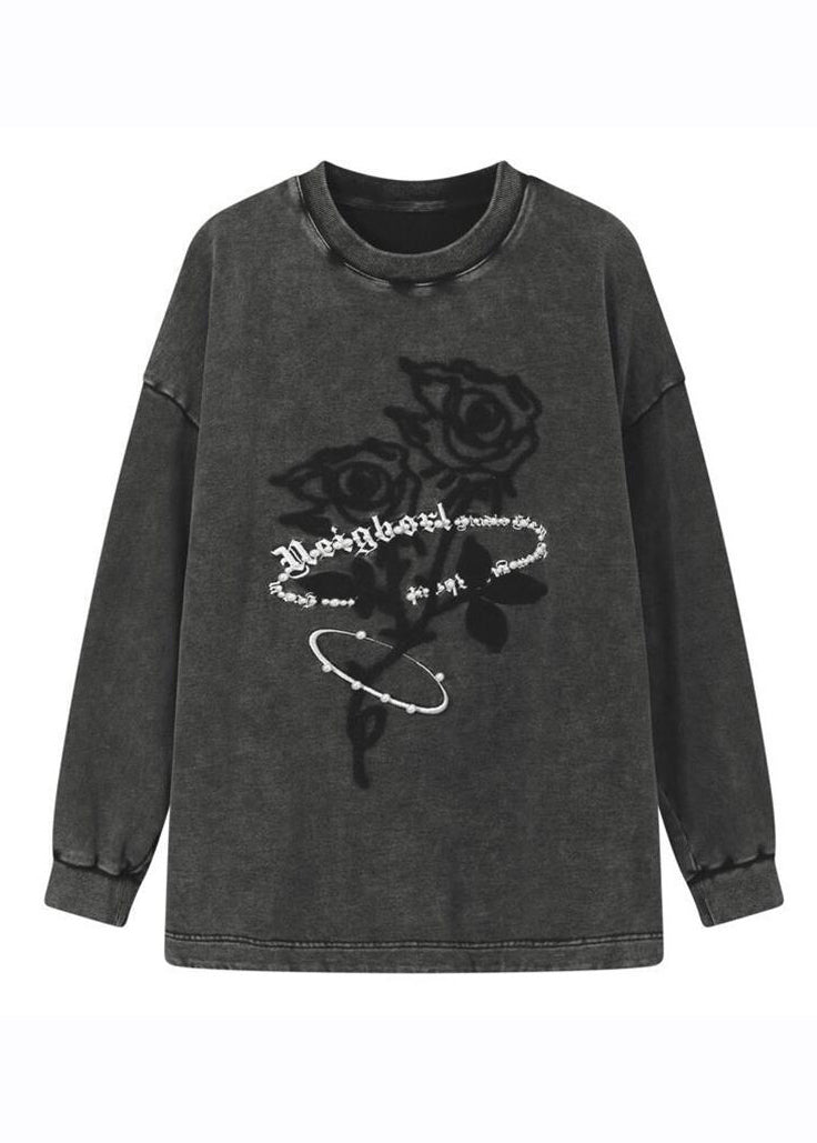 Casual Dark Grey O-Neck Rose Print Warm Fleece Pullover Long Sleeve