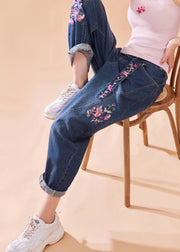 Casual Denim Blue Embroidered Floral Button Pockets Zippered Wide Leg Pants Summer
