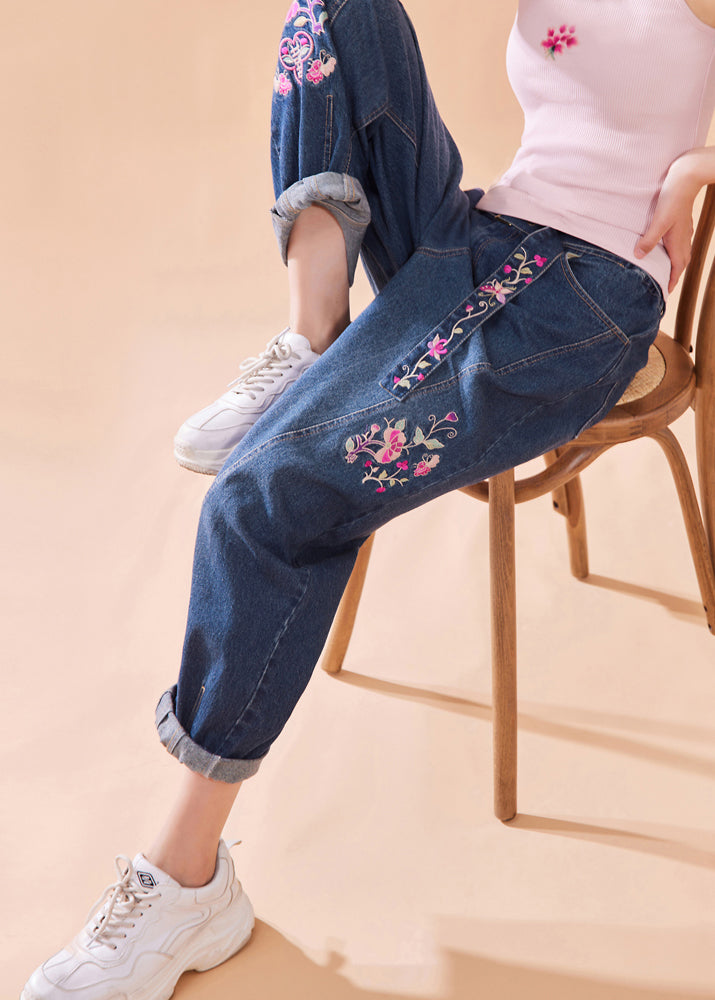 Casual Denim Blue Embroidered Floral Button Pockets Zippered Wide Leg Pants Summer