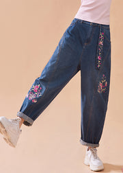 Lässige Jeansblau bestickte florale Knopftaschen mit weitem Bein und Reißverschluss Sommerhose