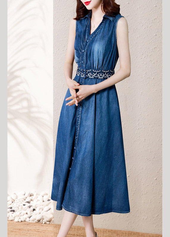 Casual Denim Blue V Neck Button Sashes Cotton Party Long Dress Summer