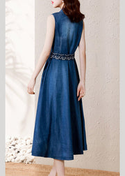 Casual Denim Blue V Neck Button Sashes Cotton Party Long Dress Summer