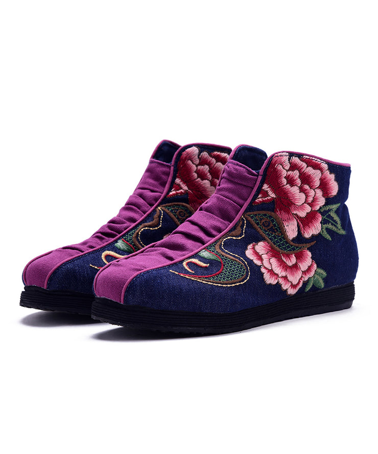Casual Embroidered zippered Splicing Boots Red Linen Fabric Ankle boots