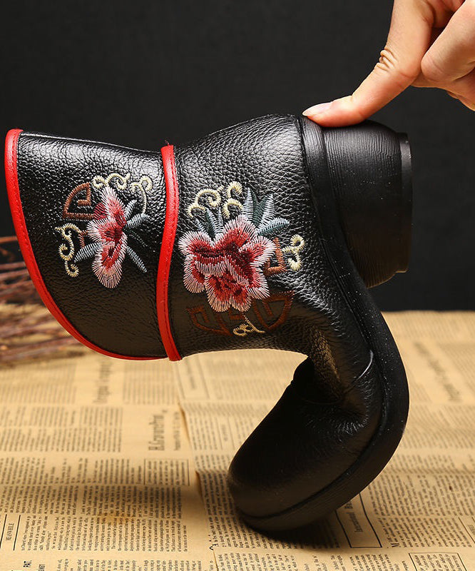 Casual Embroidery Warm Fleece Boots Black Chunky Cowhide Leather