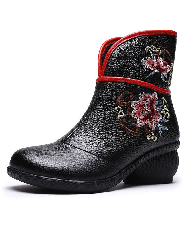 Casual Embroidery Warm Fleece Boots Black Chunky Cowhide Leather