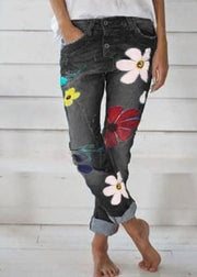 Casual Flower Print Button Denim Long Jeans For Women - SooLinen