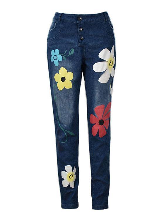 Casual Flower Print Button Denim Long Jeans For Women - SooLinen