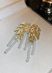 Casual Gold Overgild Butterfly Pearl Leaf Tassel Drop Earrings