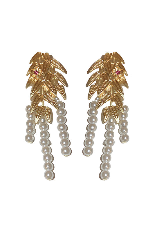 Casual Gold Overgild Butterfly Pearl Leaf Tassel Drop Earrings