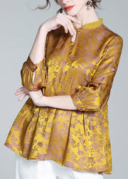 Casual Gold Stand Collar Print Button Silk Tops Long Sleeve