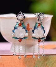 Casual Gold Sterling Silver Inlaid Jade Cloisonne Drop Earrings