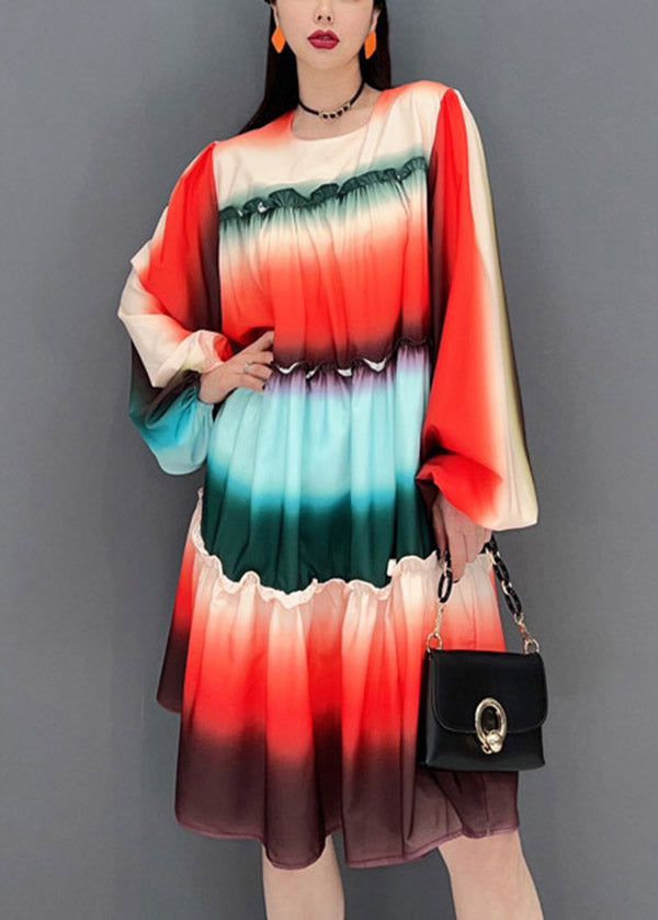 Casual Gradient color O-Neck Ruffled Patchwork A Line Dresses Long Sleeve