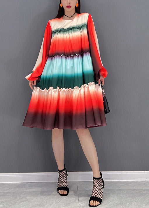 Lässige Farbverläufe mit O-Ausschnitt, gekräuselten Patchwork-Kleidern in A-Linie mit langen Ärmeln