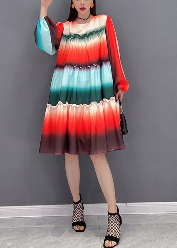 Casual Gradient color O-Neck Ruffled Patchwork A Line Dresses Long Sleeve