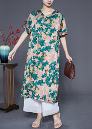 Casual Green And Black Print Wear On Both Sides Silk Long Dresses Summer