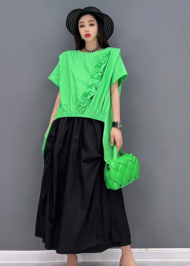 Casual Green Asymmetrical Ruffled Patchwork Low High Design Two Piece Set Women Clothing Summer