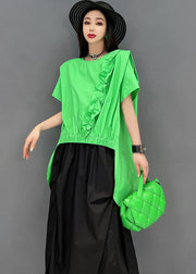 Casual Green Asymmetrical Ruffled Patchwork Low High Design Two Piece Set Women Clothing Summer