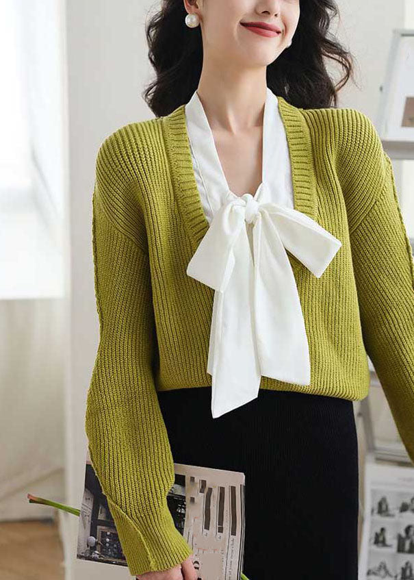 Casual Green Bow Cozy Fake Two Pieces Knit Sweaters Spring