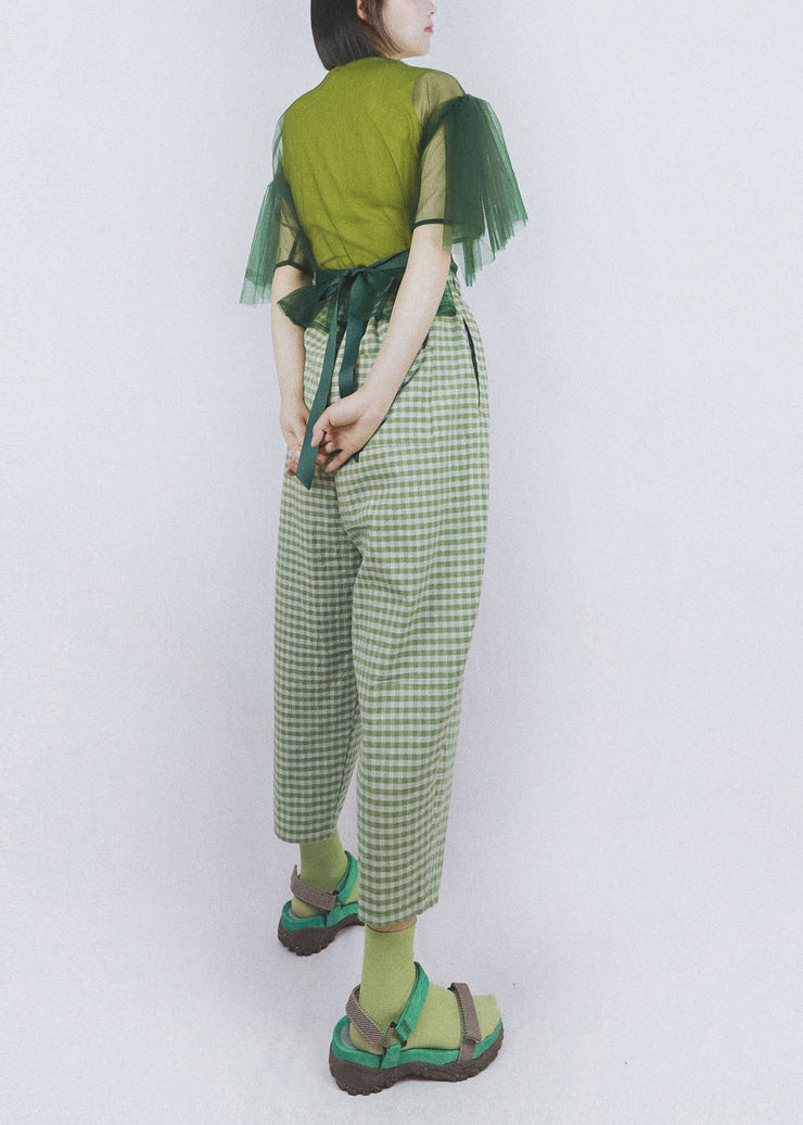 Casual Green Elastic Waist Pockets Plaid Cotton Crop Pants Summer
