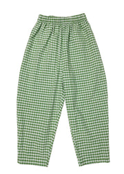 Casual Green Elastic Waist Pockets Plaid Cotton Crop Pants Summer