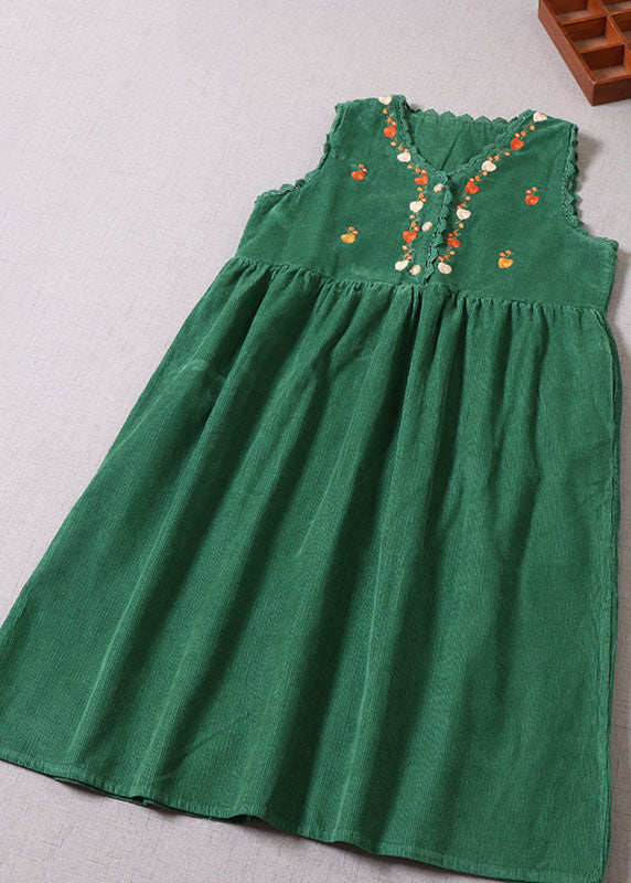 Casual Green Embroidered Patchwork Corduroy Vacation Dresses Sleeveless