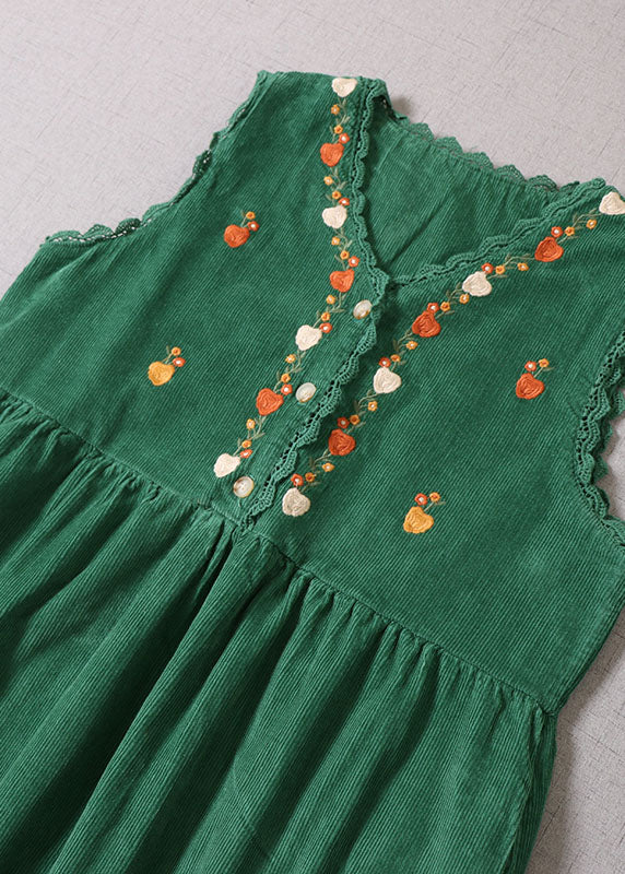 Casual Green Embroidered Patchwork Corduroy Vacation Dresses Sleeveless
