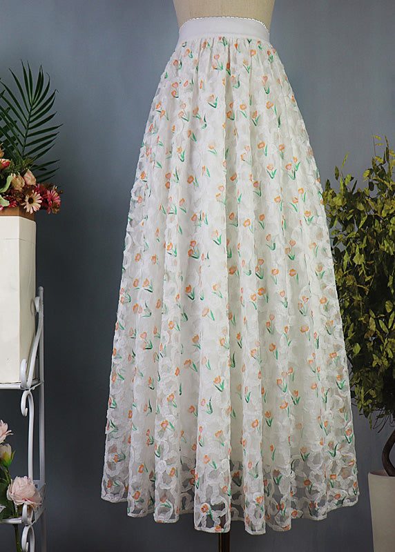 Casual Green Floral Elastic Waist Tulle Maxi Skirt Spring
