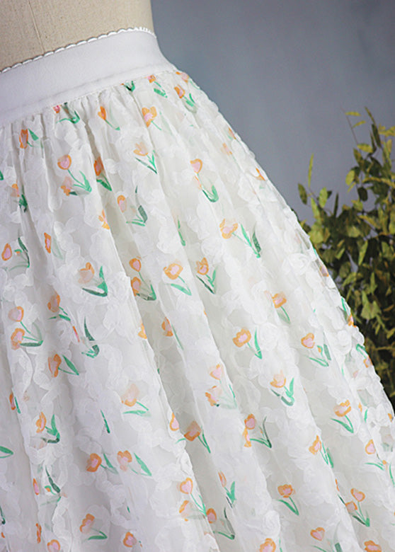 Casual Green Floral Elastic Waist Tulle Maxi Skirt Spring