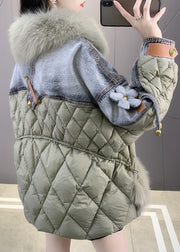 Casual Green Fox collar Denim Patchwork Button Down Coats Winter