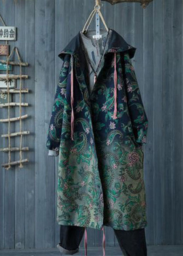 Casual Green Gradient Color Hooded Pockets Print Cotton Denim Trench Spring
