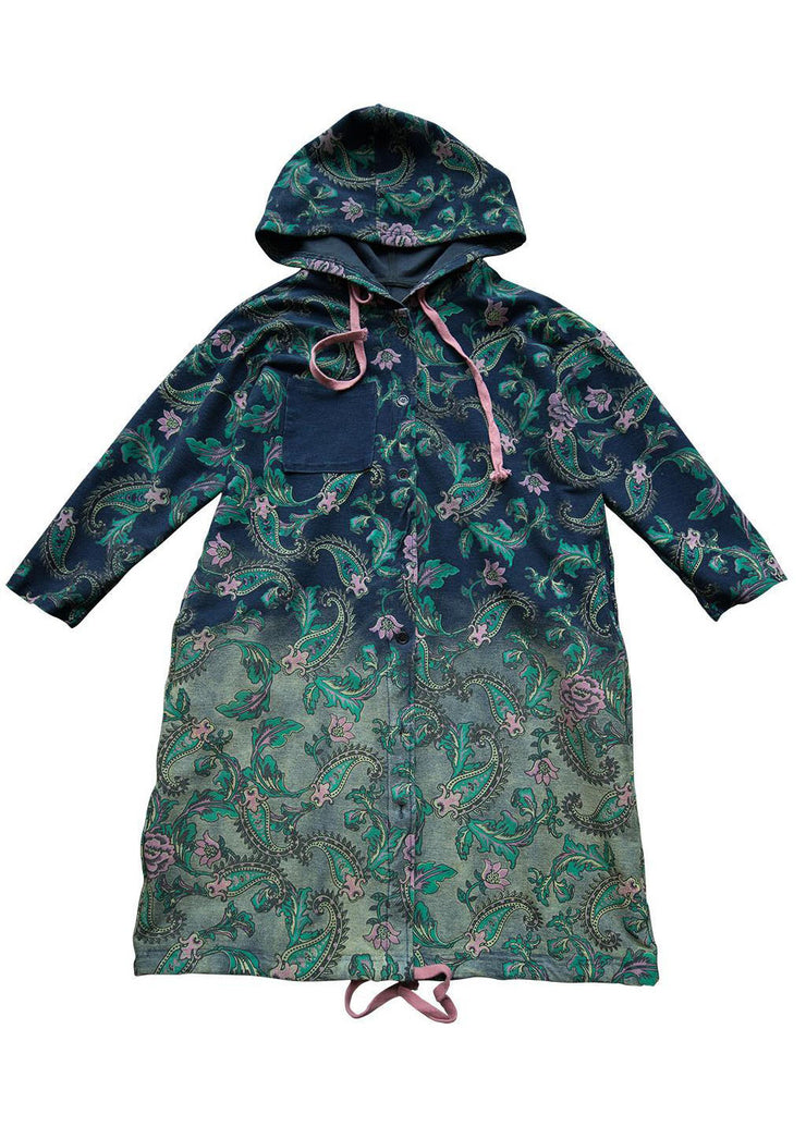 Casual Green Gradient Color Hooded Pockets Print Cotton Denim Trench Spring