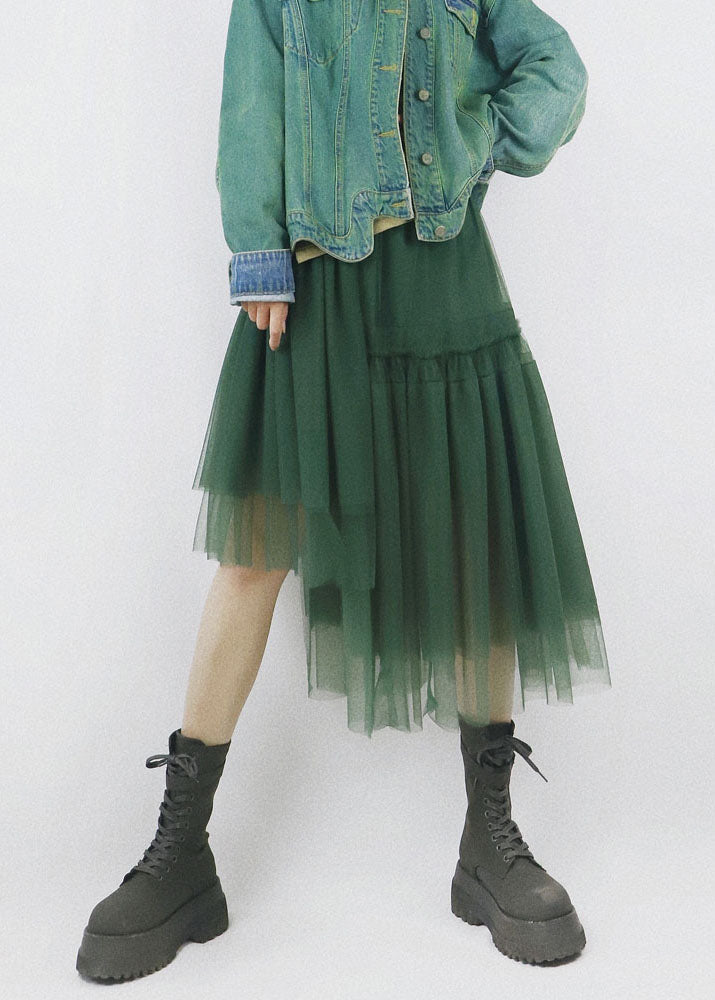 Casual Green High Waist Asymmetrical Patchwork Tulle Pleated Skirt Summer