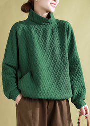 Casual Green Hign Neck Pockets Fine Cotton Filled Pullover Sweatshirt Winter