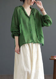 Casual Green Hooded Pockets Patchwork Linen Thin Coat Summer