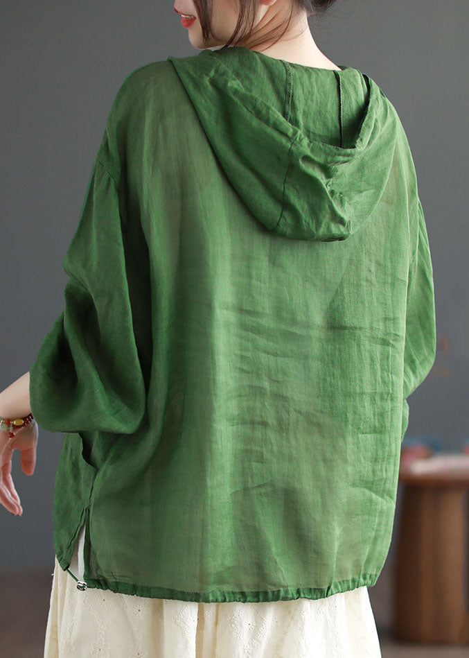 Casual Green Hooded Pockets Patchwork Linen Thin Coat Summer