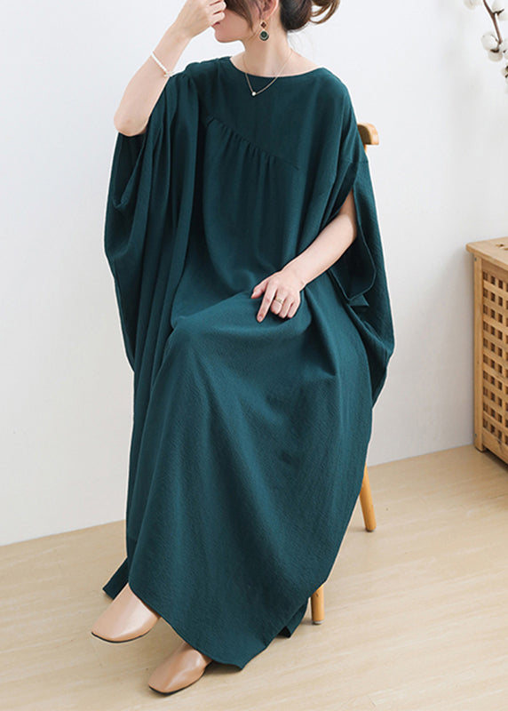 Casual Green O-Neck Asymmetrical Cotton Long Dress Short Sleeve