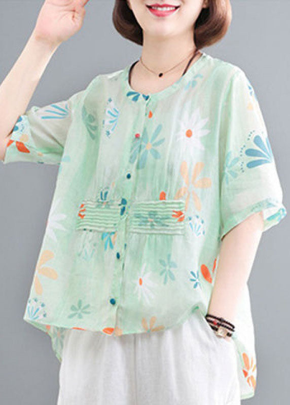 Casual Green O-Neck Button Wrinkled Print Cotton Shirts Half Sleeve