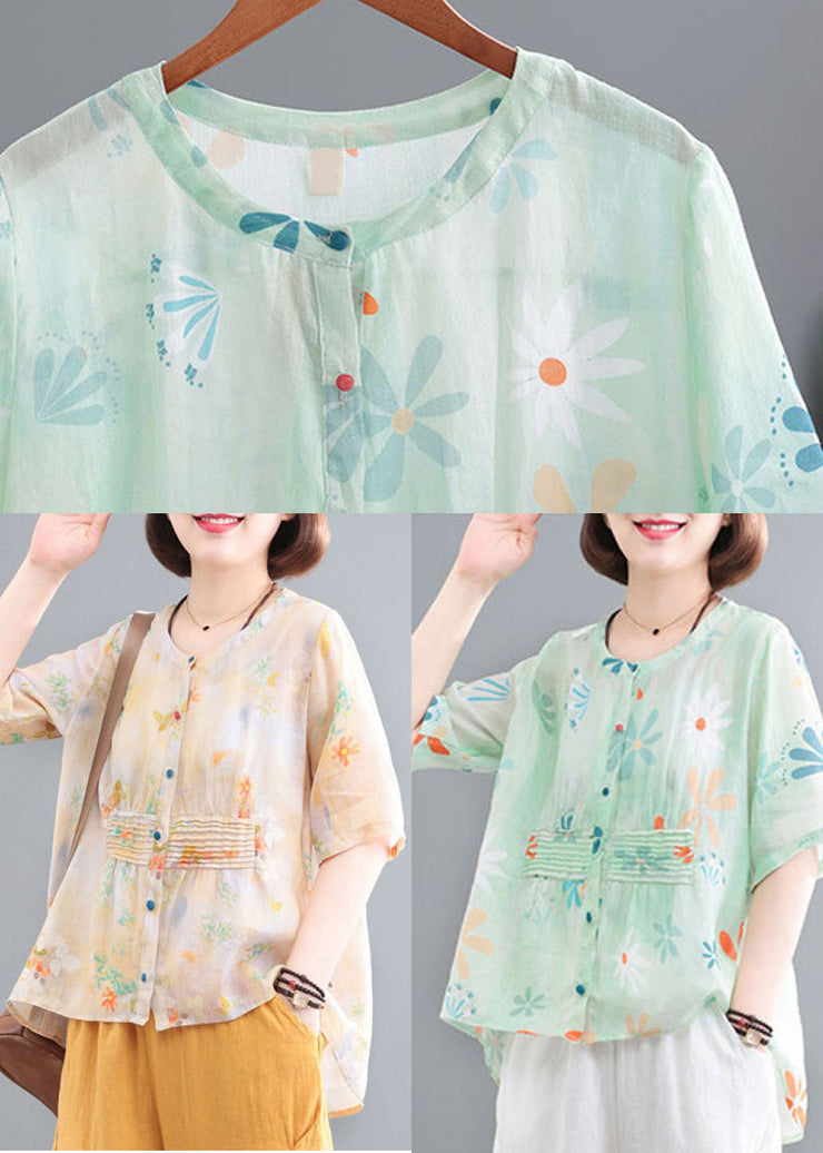 Casual Green O-Neck Button Wrinkled Print Cotton Shirts Half Sleeve
