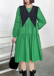 Casual Green O-Neck Button Zippered Fall Dress Long sleeve - SooLinen