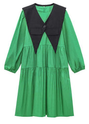 Casual Green O-Neck Button Zippered Fall Dress Long sleeve - SooLinen