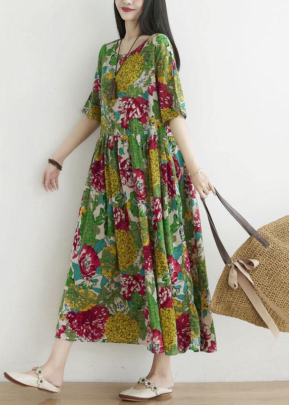 Casual Green O-Neck Patchwork Print Fall Ankle Dress Half Sleeve - SooLinen