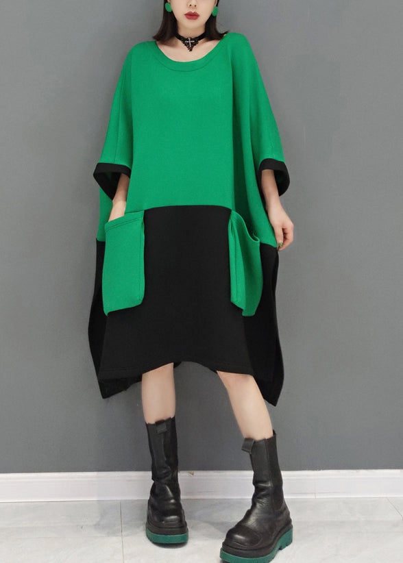 Casual Green O Neck Pockets Patchwork Cotton Mid Dresses Fall