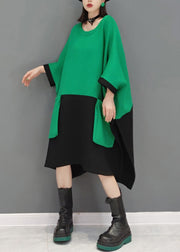 Casual Green O Neck Pockets Patchwork Cotton Mid Dresses Fall