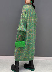 Casual Green O-Neck Print Knit Holiday Maxi Sweaters Dress Winter
