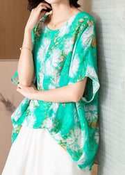 Casual Green O Neck Print Patchwork Silk Blouse Top Batwing Sleeve