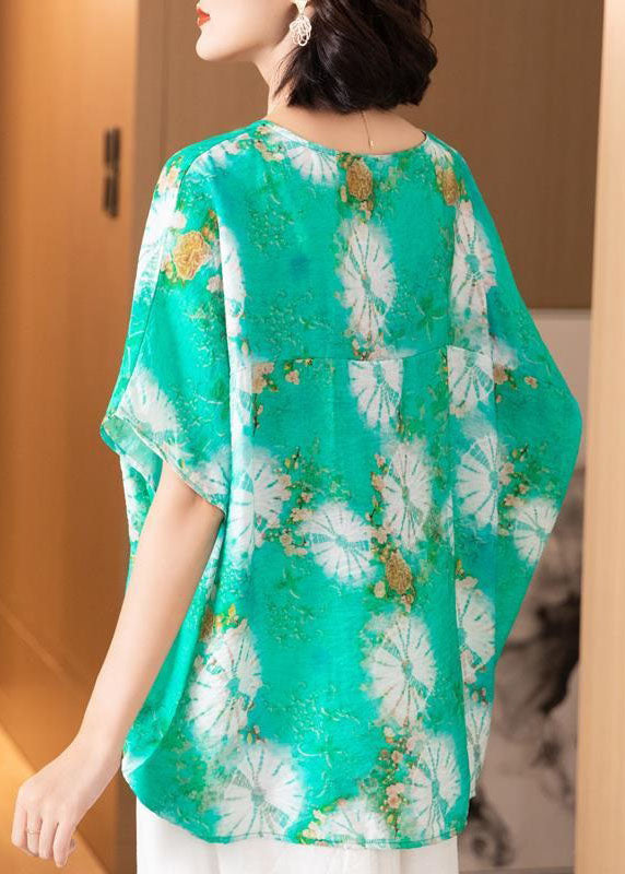 Casual Green O Neck Print Patchwork Silk Blouse Top Batwing Sleeve