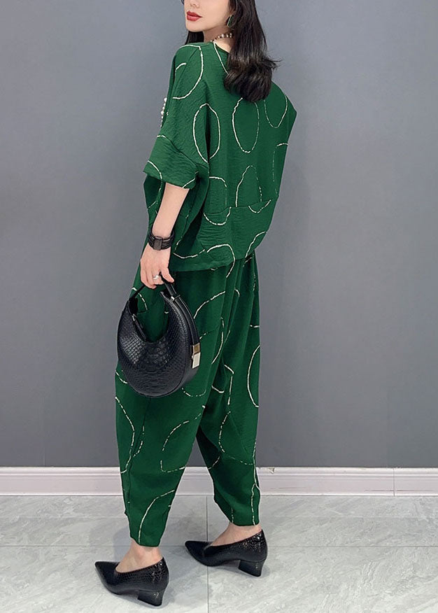 Casual Green O-Neck Print Tops And Pants Patchwork Cotton Two Pieces Set Summer