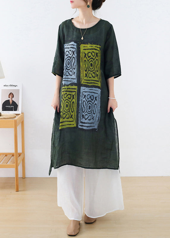 Casual Green O-Neck Side Open Print Linen Long Dresses Half Sleeve