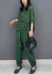 Casual Green O-Neck Striped Patchwork Tops And Pants Cotton Two Piece Set Summer